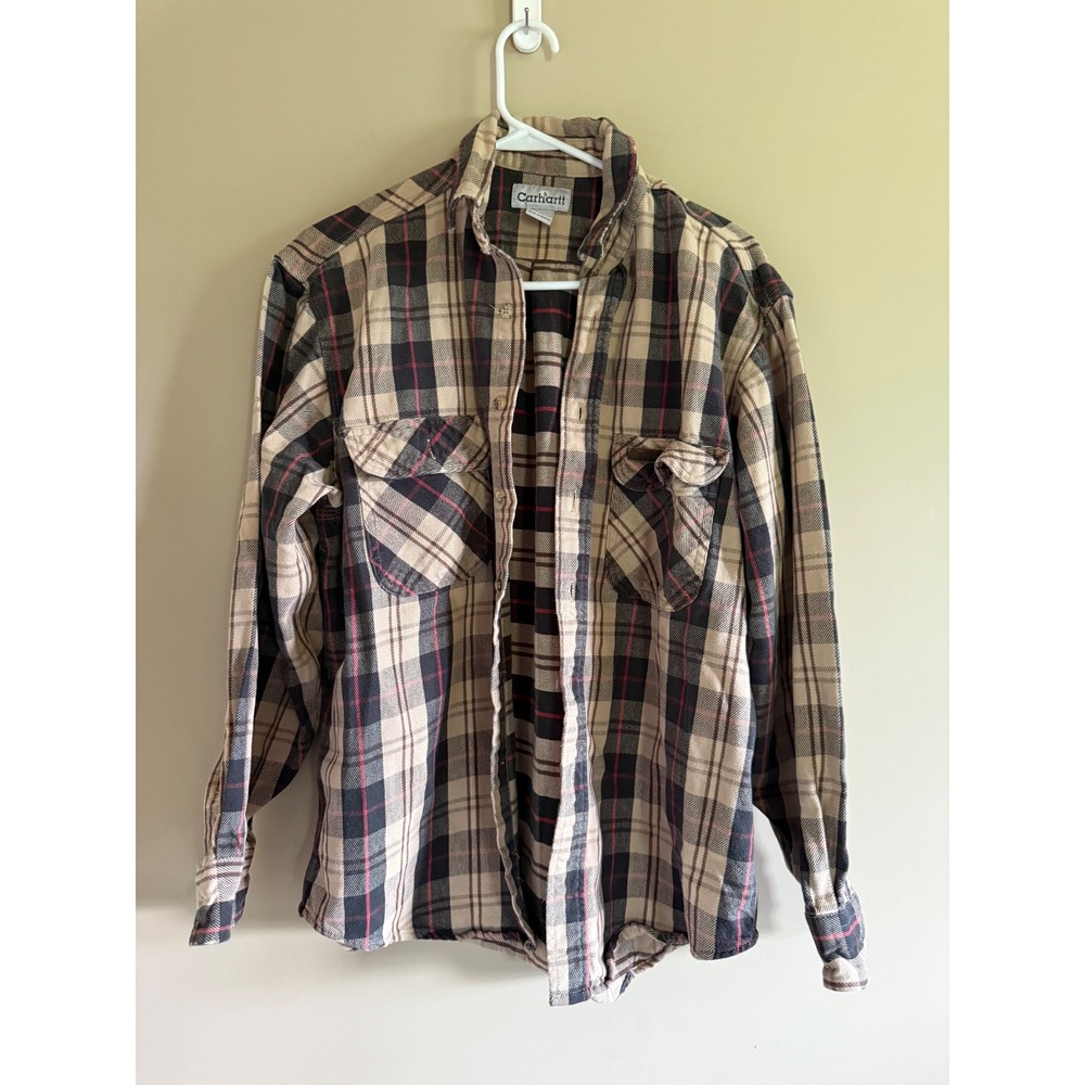 Carhartt Mens Plaid Flannel Button Down Shirt Tan Black Red Cotton Size Medium